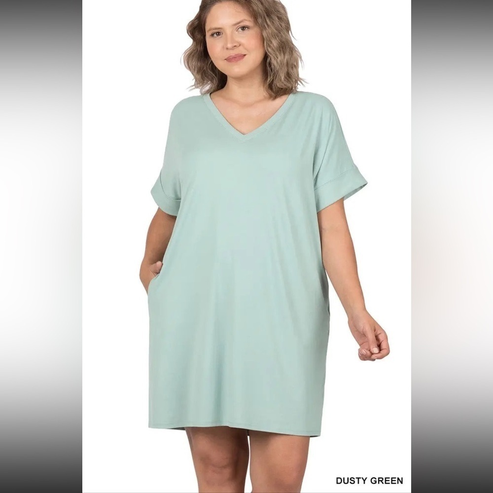 Zenana Plus Size Rolled Short Sleeve V-neck Mini Dress, Dusty Green